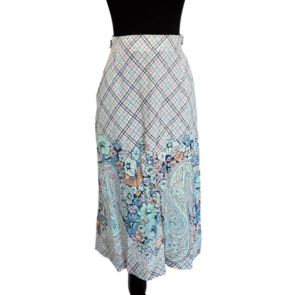 Vintage 1960s Wrap Skirt Floral Border Print Blue Full Patio Skirt Pockets Twirl - Picture 1 of 13